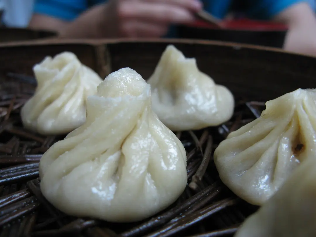 Nanjing soup buns in a bamboo steamer, close up