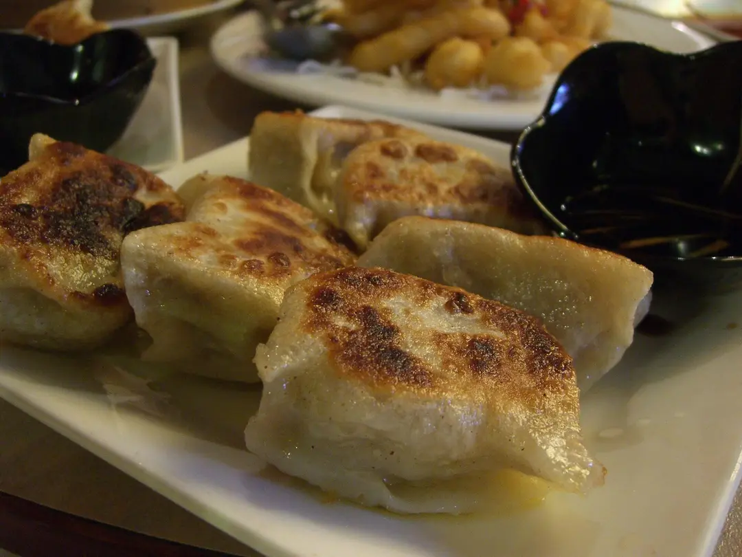 Beef pot stickers with browned, crisp bottoms on a plate