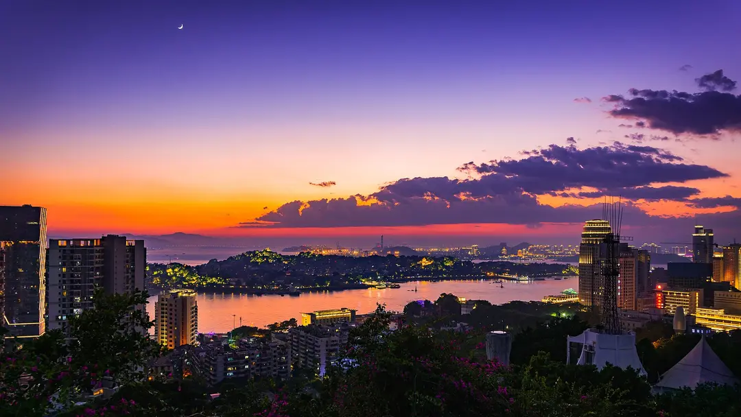 Sunset over Xiamen harbor and Gulangyu Island, with city towers and trees in the foreground