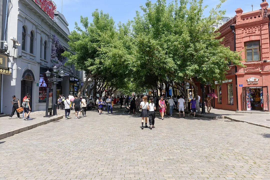 Walkers on the cobbled Central Street in summer, between trees and old European-style buildings