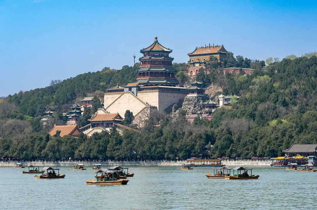 The Tower of Buddhist Incense on Longevity Hill above Kunming Lake and boats, Summer Palace