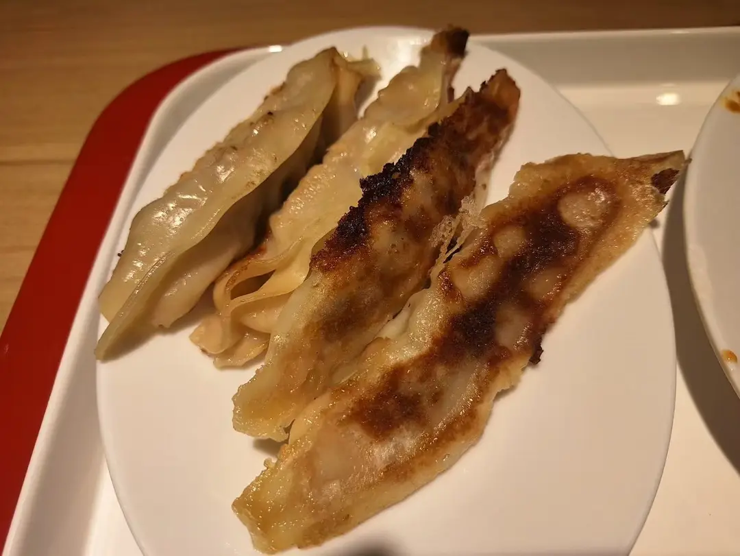 Pan-fried potstickers with browned bottoms on a plate
